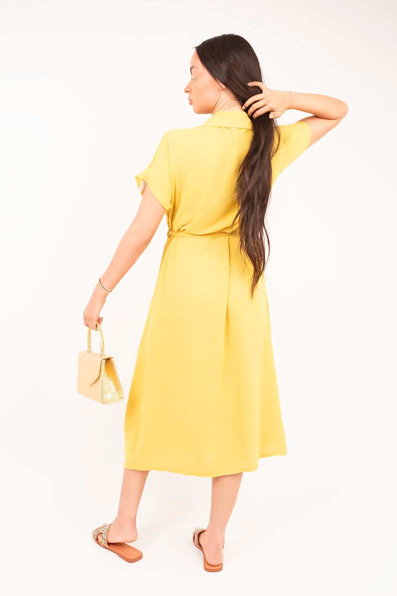 Collared Button Down Short Sleeve Tie Waist Midi Dress 🇬🇧