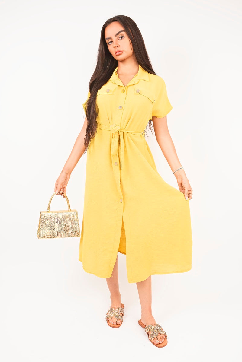 Collared Button Down Short Sleeve Tie Waist Midi Dress 🇬🇧