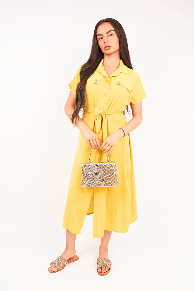Collared Button Down Short Sleeve Tie Waist Midi Dress 🇬🇧