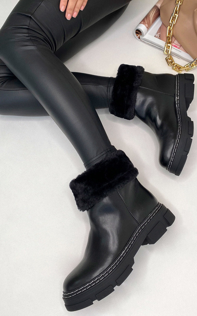 Faux Leather Fluffy Bow Ankle Boots 🇬🇧