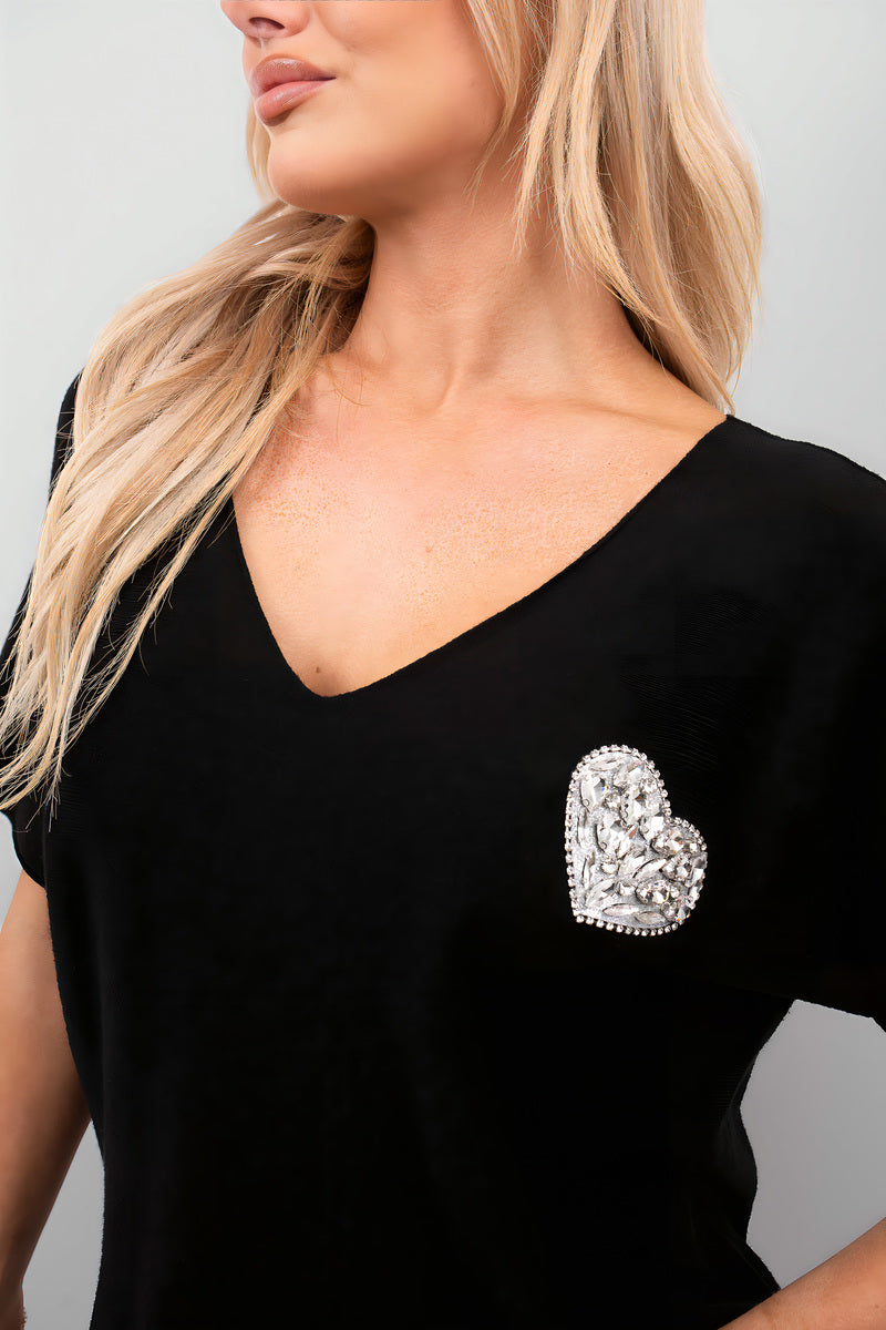 Short Sleeve V-Neck Oversized Rhinestone Heart Detail Top 🇬🇧