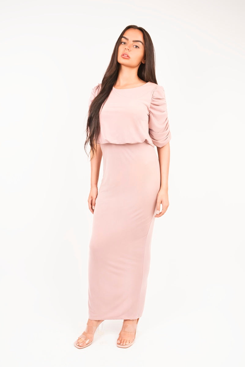 Ruched Short Sleeve Maxi Dress with Draped Bodice 🇬🇧