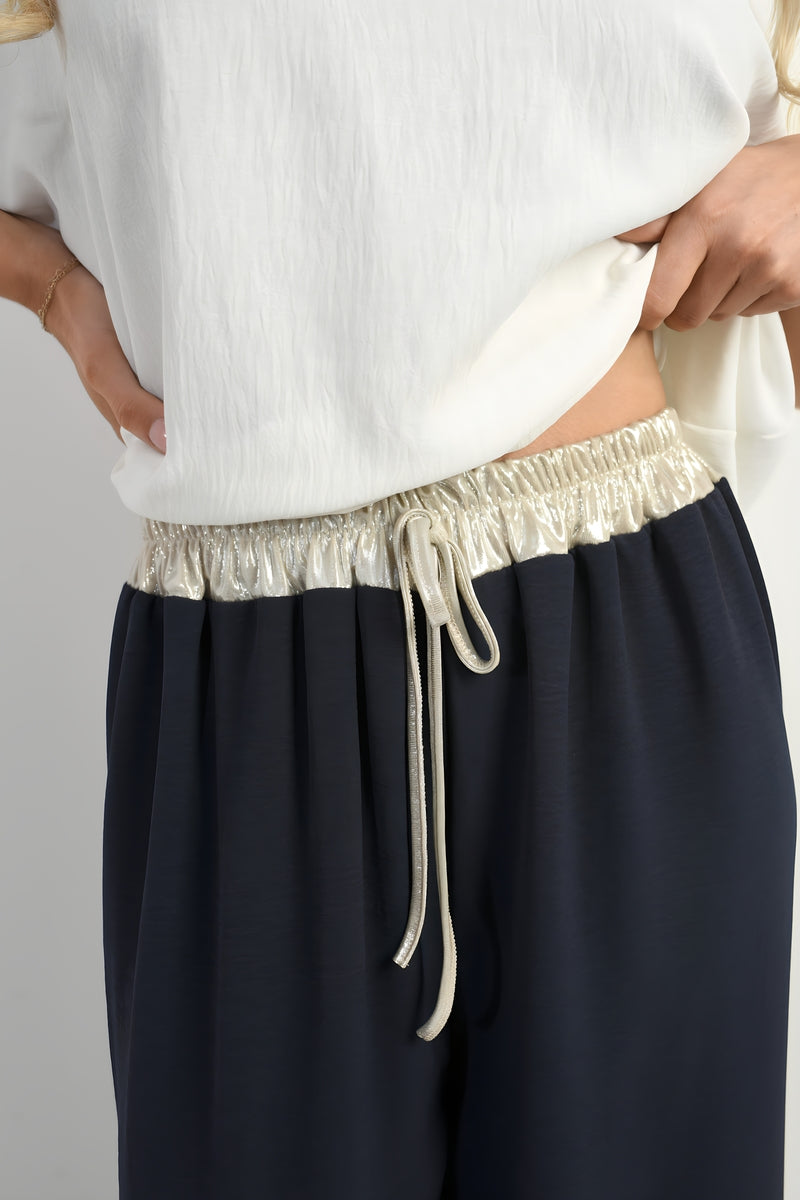 Drawstring Shiny Waist Wide Leg Trouser 🇬🇧