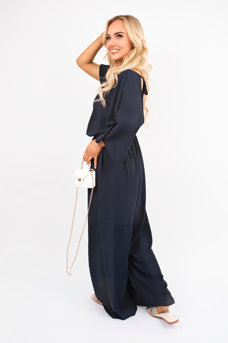 Wide Leg V Neck Jumpsuit with Back Tie Detail 🇬🇧
