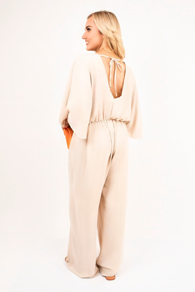 Wide Leg V Neck Jumpsuit with Back Tie Detail 🇬🇧