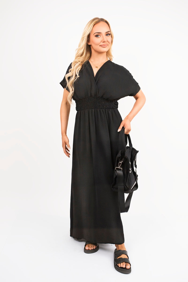 V Neck Short Sleeve Maxi Dress with Shirred Waist 🇬🇧
