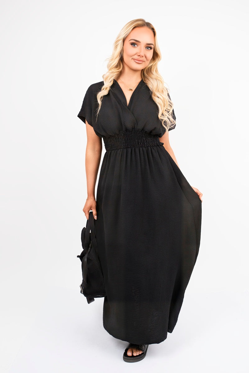 V Neck Short Sleeve Maxi Dress with Shirred Waist 🇬🇧