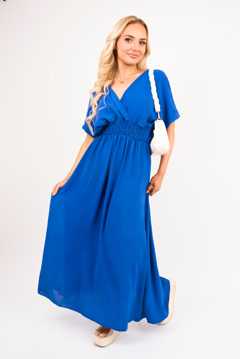 V Neck Short Sleeve Maxi Dress with Shirred Waist 🇬🇧