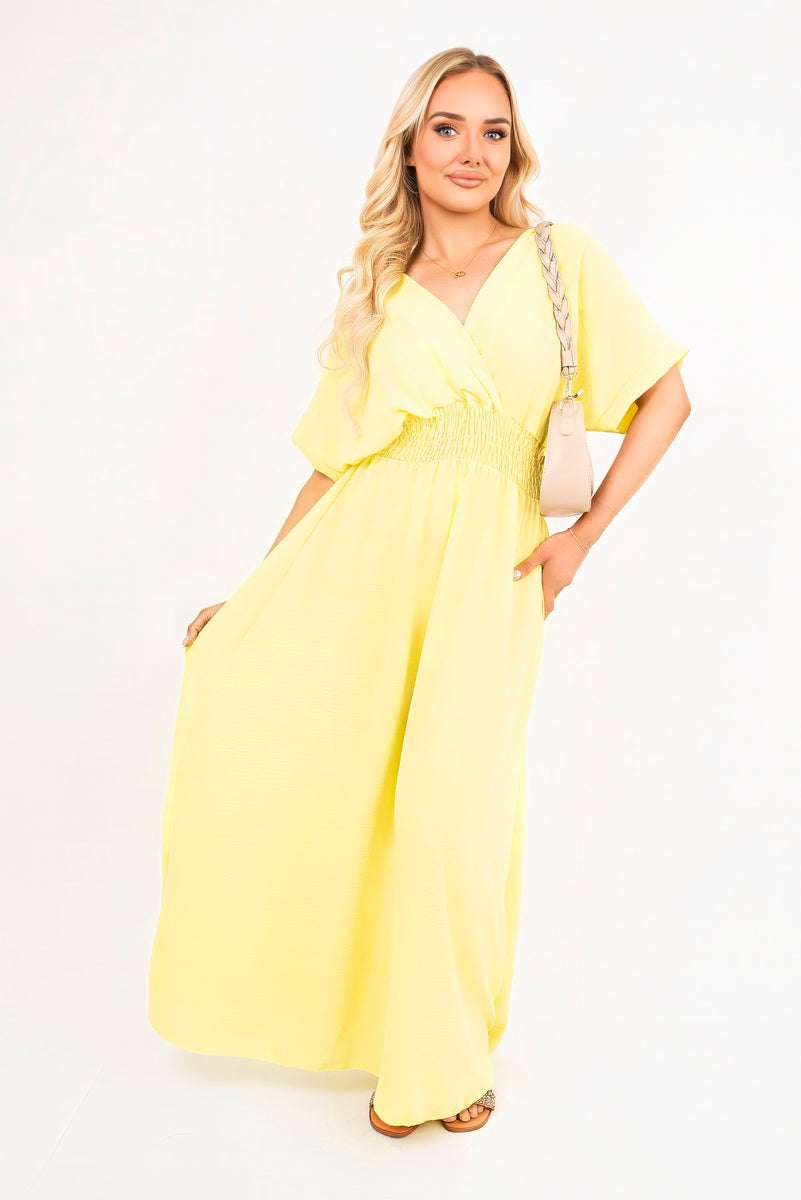 V Neck Short Sleeve Maxi Dress with Shirred Waist 🇬🇧