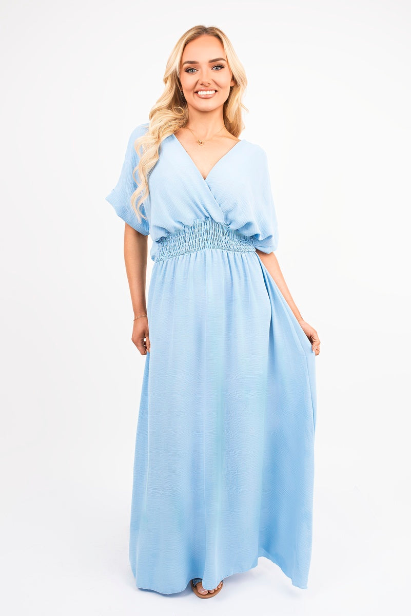V Neck Short Sleeve Maxi Dress with Shirred Waist 🇬🇧