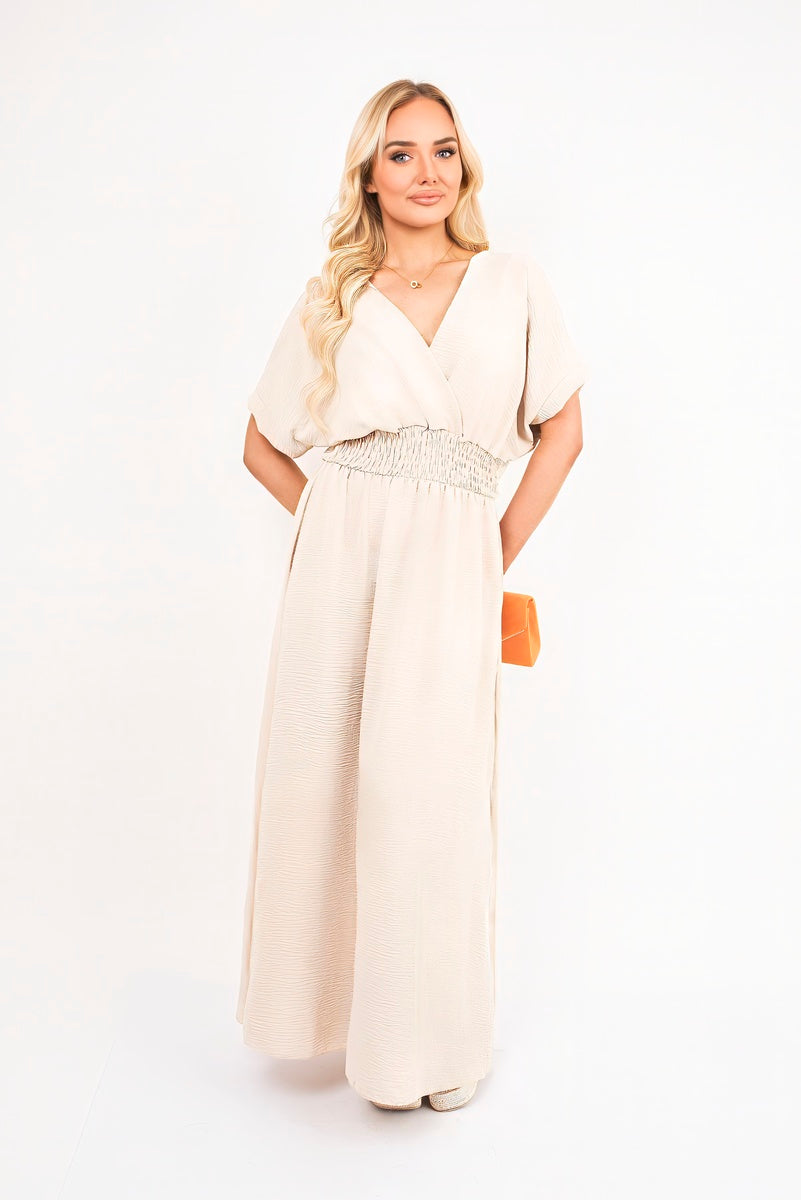 V Neck Short Sleeve Maxi Dress with Shirred Waist 🇬🇧