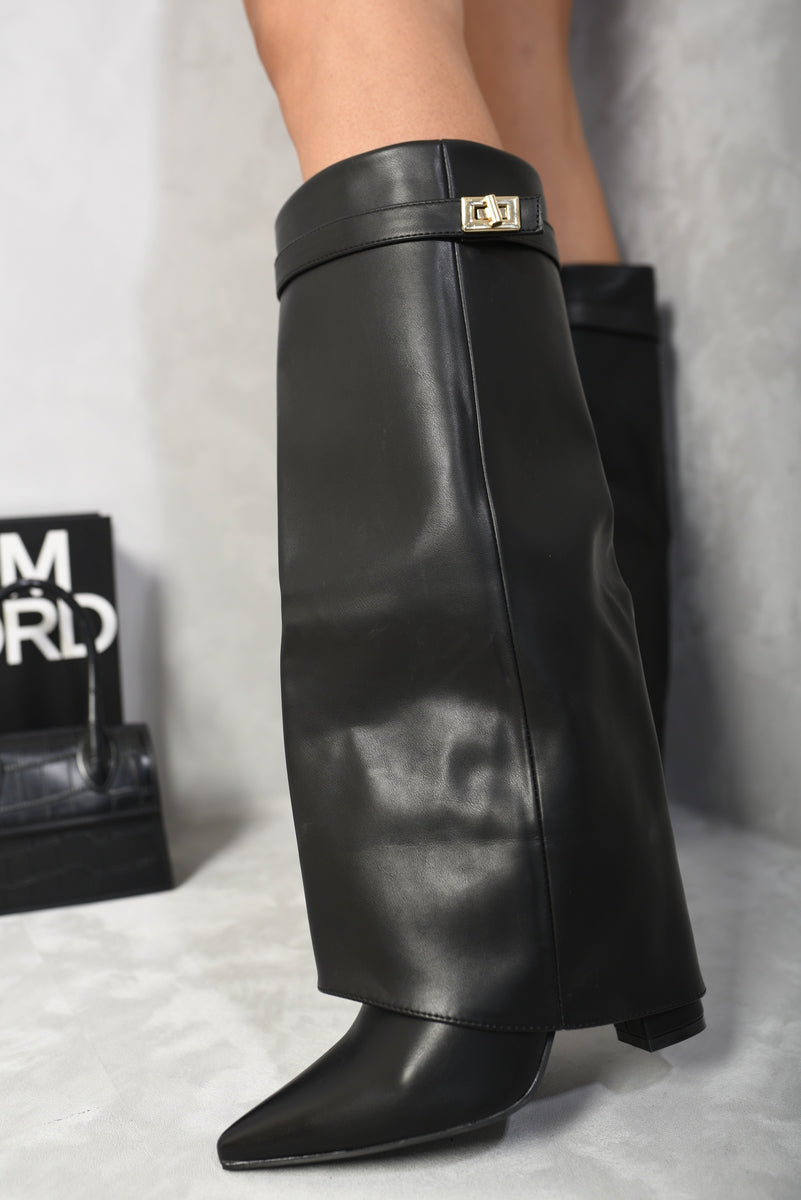 Skirted Fold Over Buckle Pointed Toe High Boots 🇬🇧