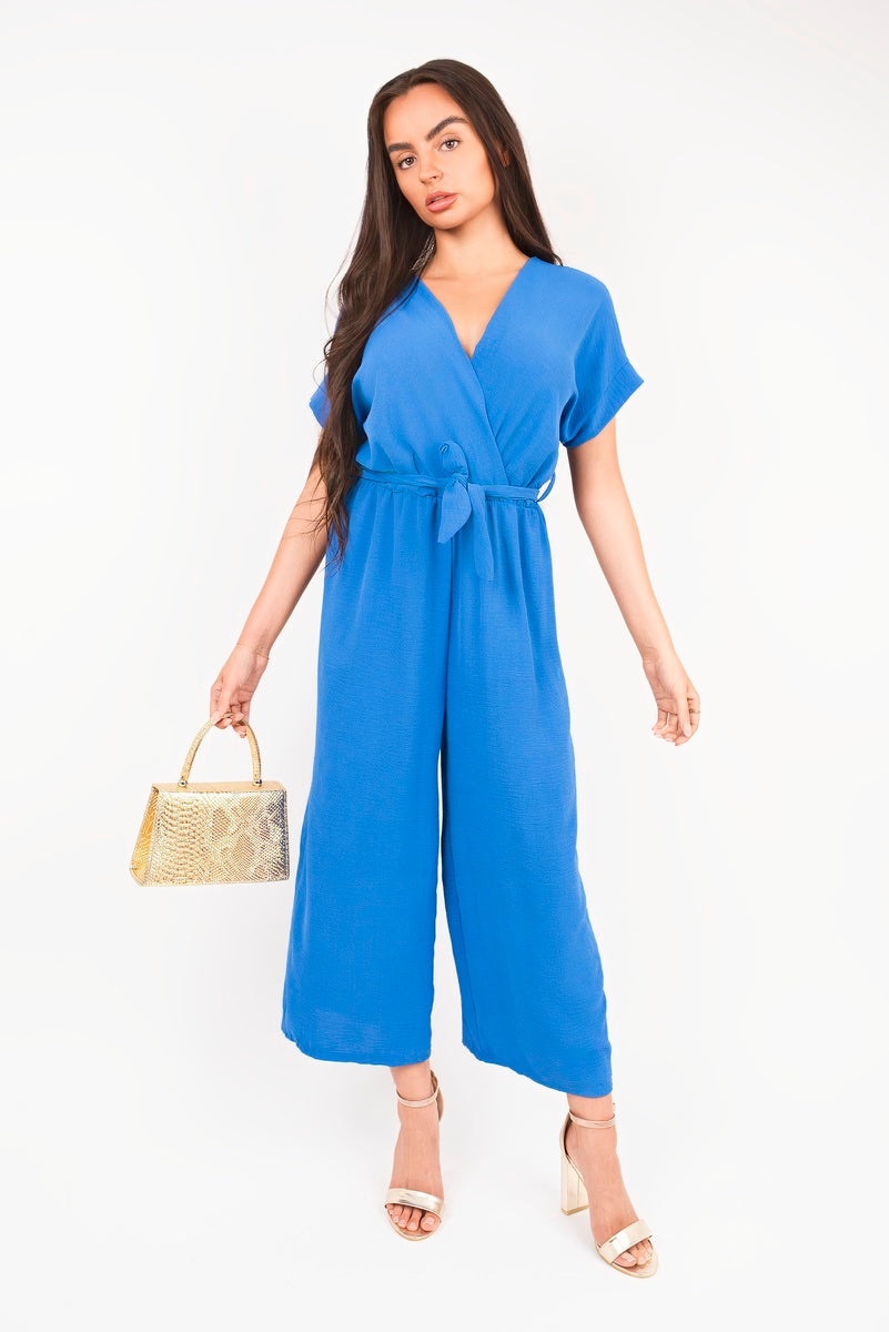 Wrap Short Sleeve Wide Leg Jumpsuit with Tie Waist 🇬🇧