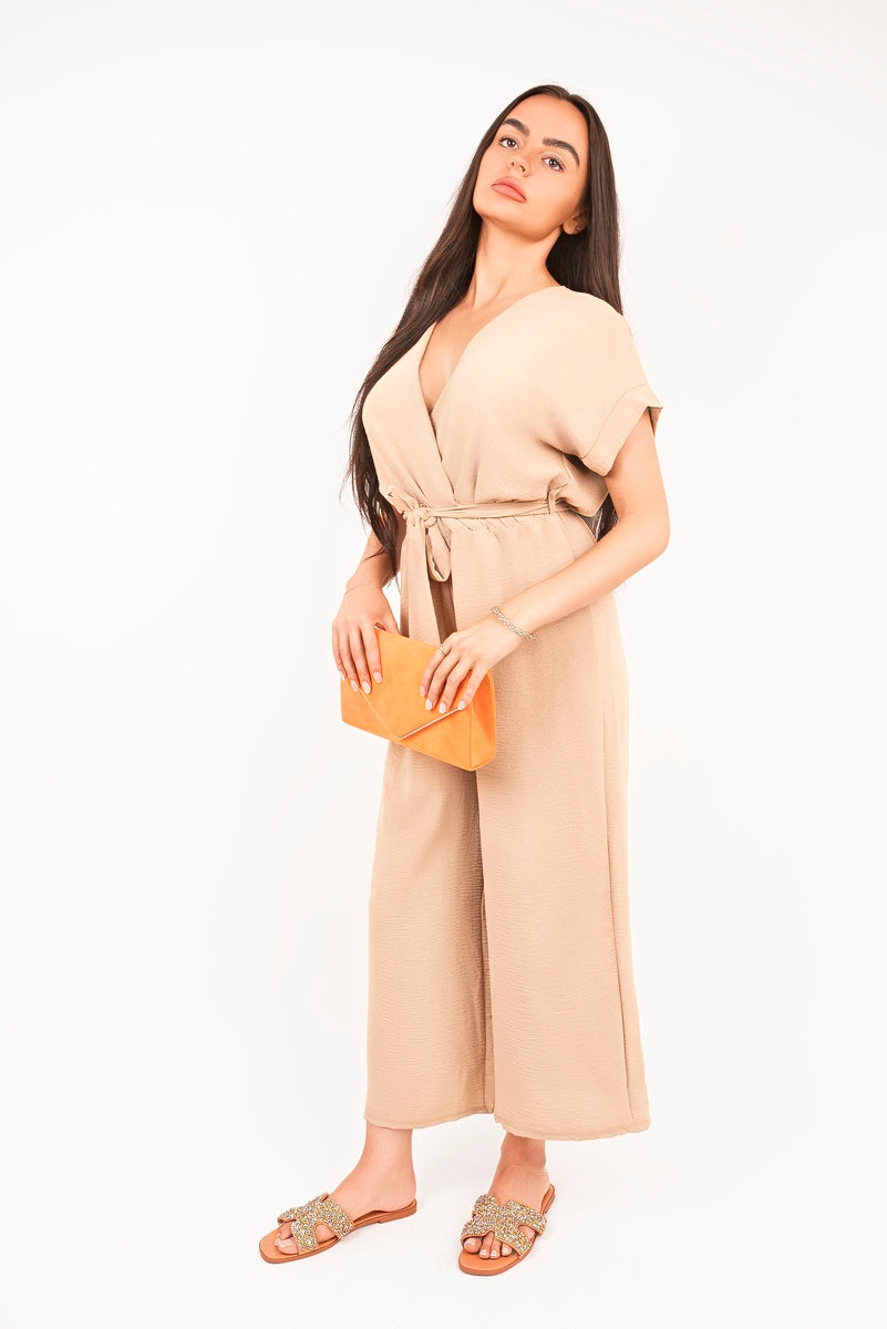 Wrap Short Sleeve Wide Leg Jumpsuit with Tie Waist 🇬🇧
