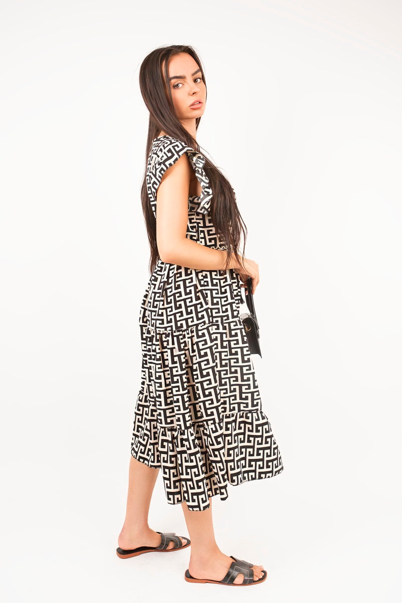 Printed Short Sleeve Tiered Midi Dress with Waist Tie 🇬🇧
