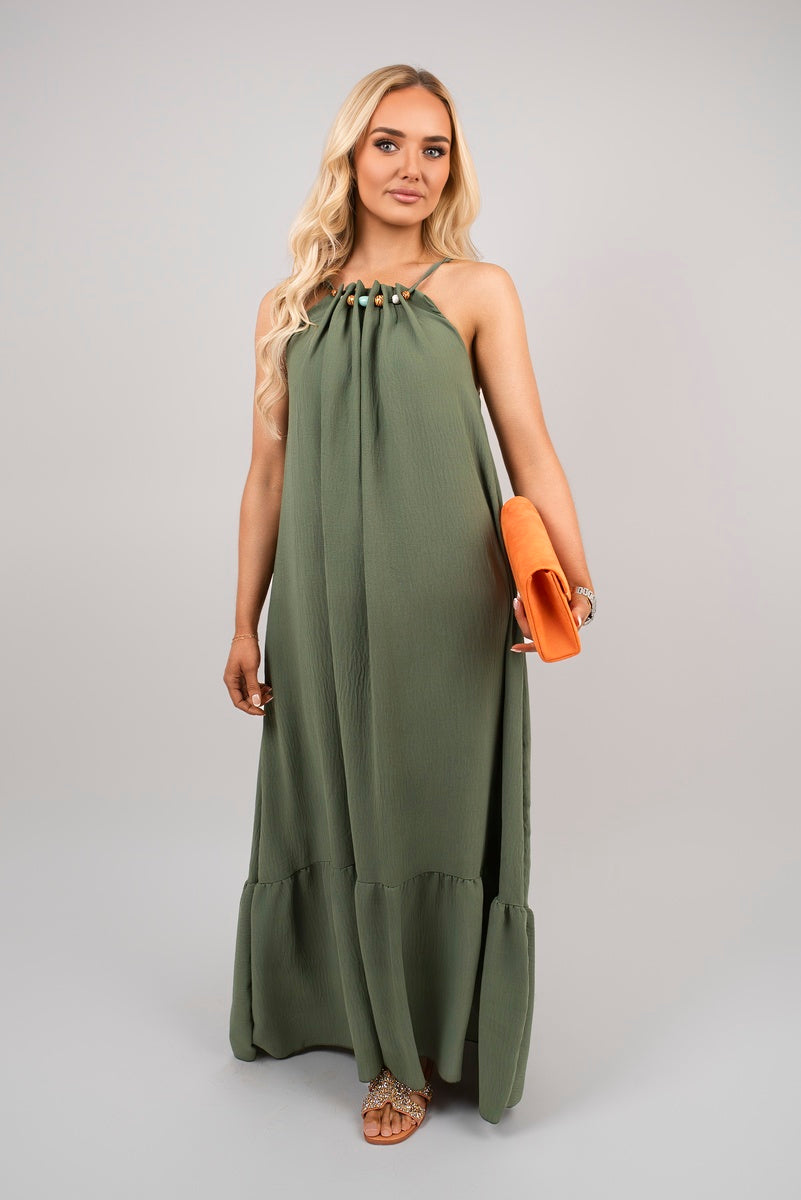 Sleeveless Beaded Halter Neck Maxi Dress with Tiered Hem 🇬🇧