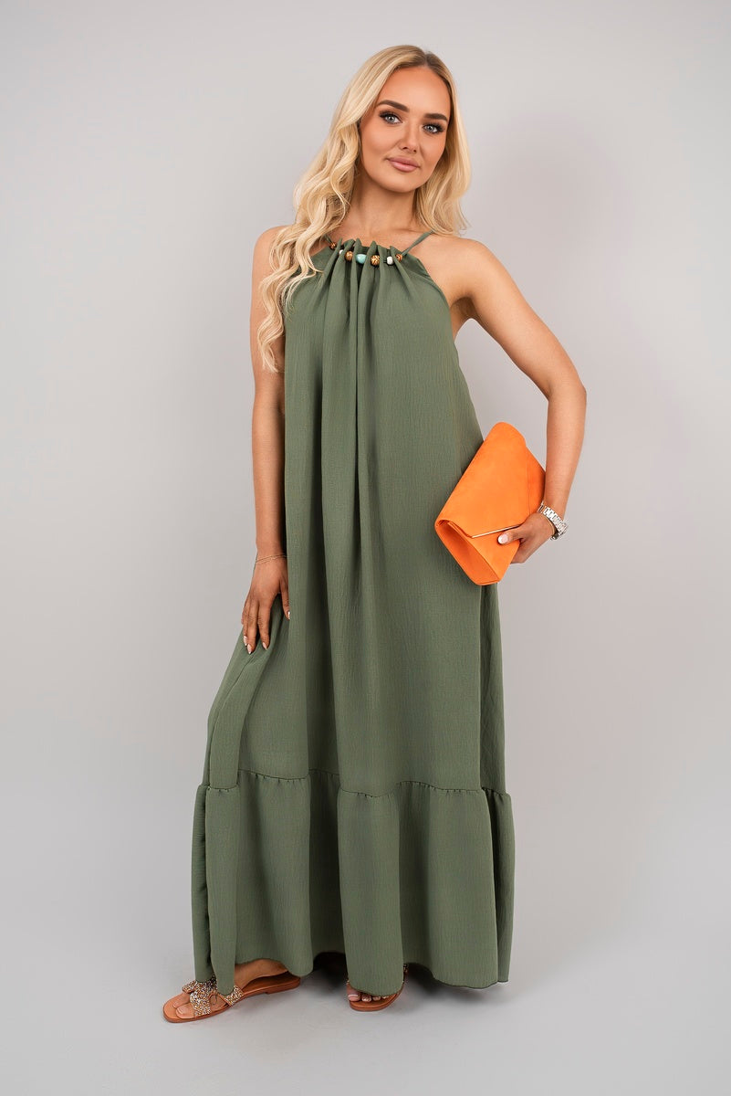 Sleeveless Beaded Halter Neck Maxi Dress with Tiered Hem 🇬🇧