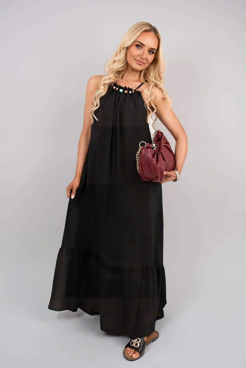Sleeveless Beaded Halter Neck Maxi Dress with Tiered Hem 🇬🇧