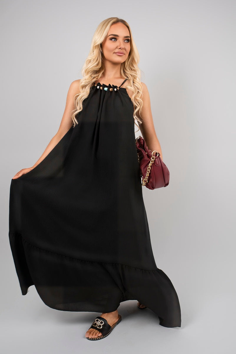 Sleeveless Beaded Halter Neck Maxi Dress with Tiered Hem 🇬🇧