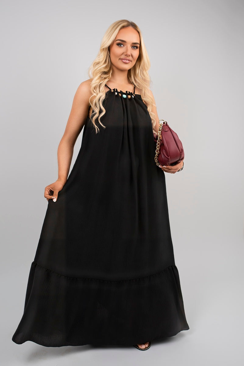 Sleeveless Beaded Halter Neck Maxi Dress with Tiered Hem 🇬🇧
