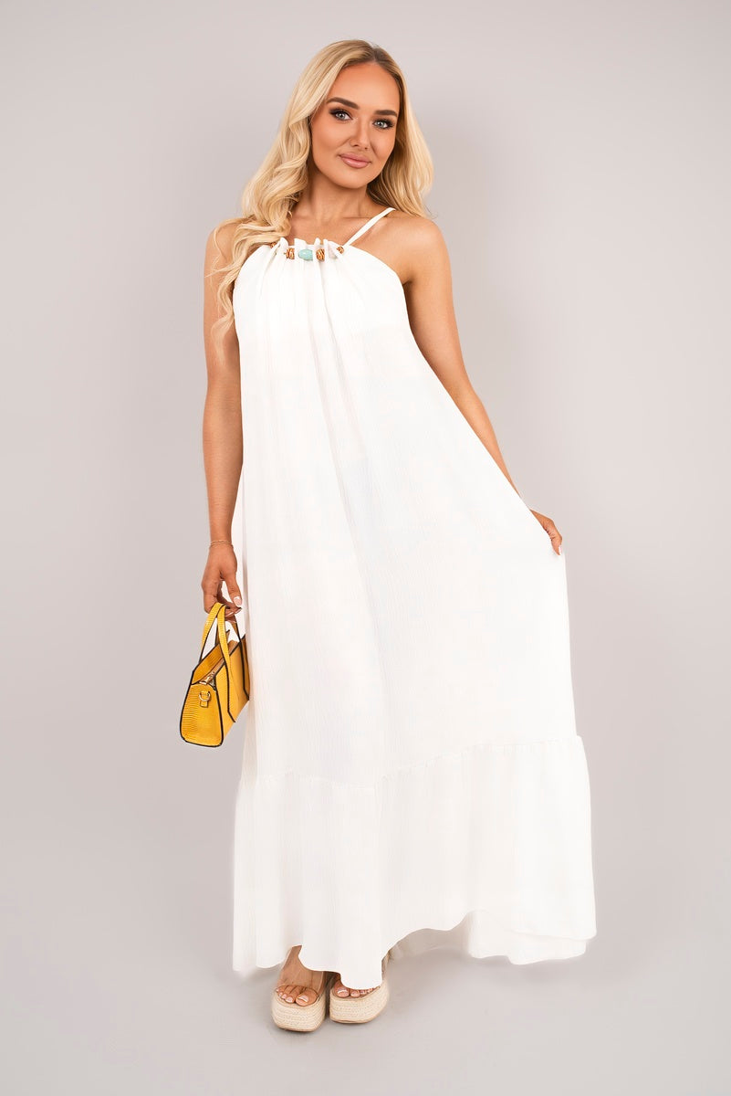Sleeveless Beaded Halter Neck Maxi Dress with Tiered Hem 🇬🇧