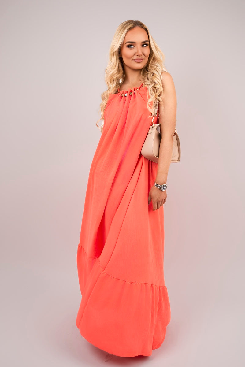 Sleeveless Beaded Halter Neck Maxi Dress with Tiered Hem 🇬🇧
