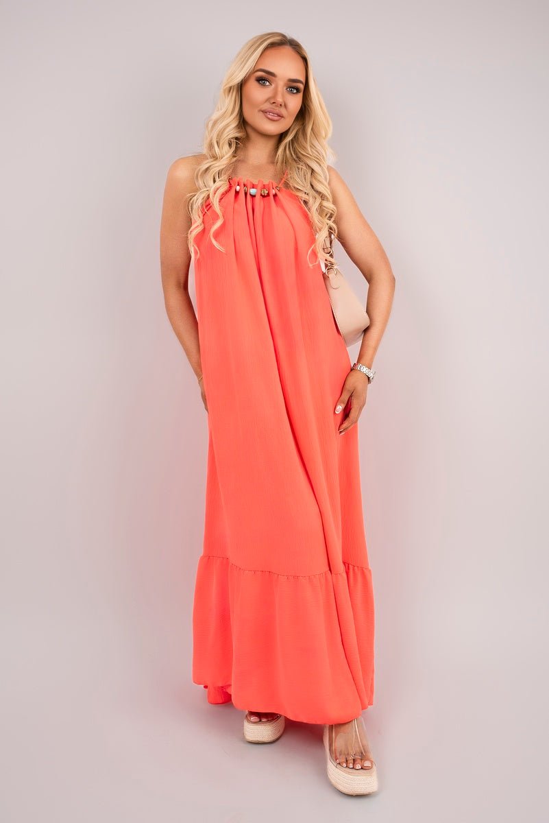 Sleeveless Beaded Halter Neck Maxi Dress with Tiered Hem 🇬🇧