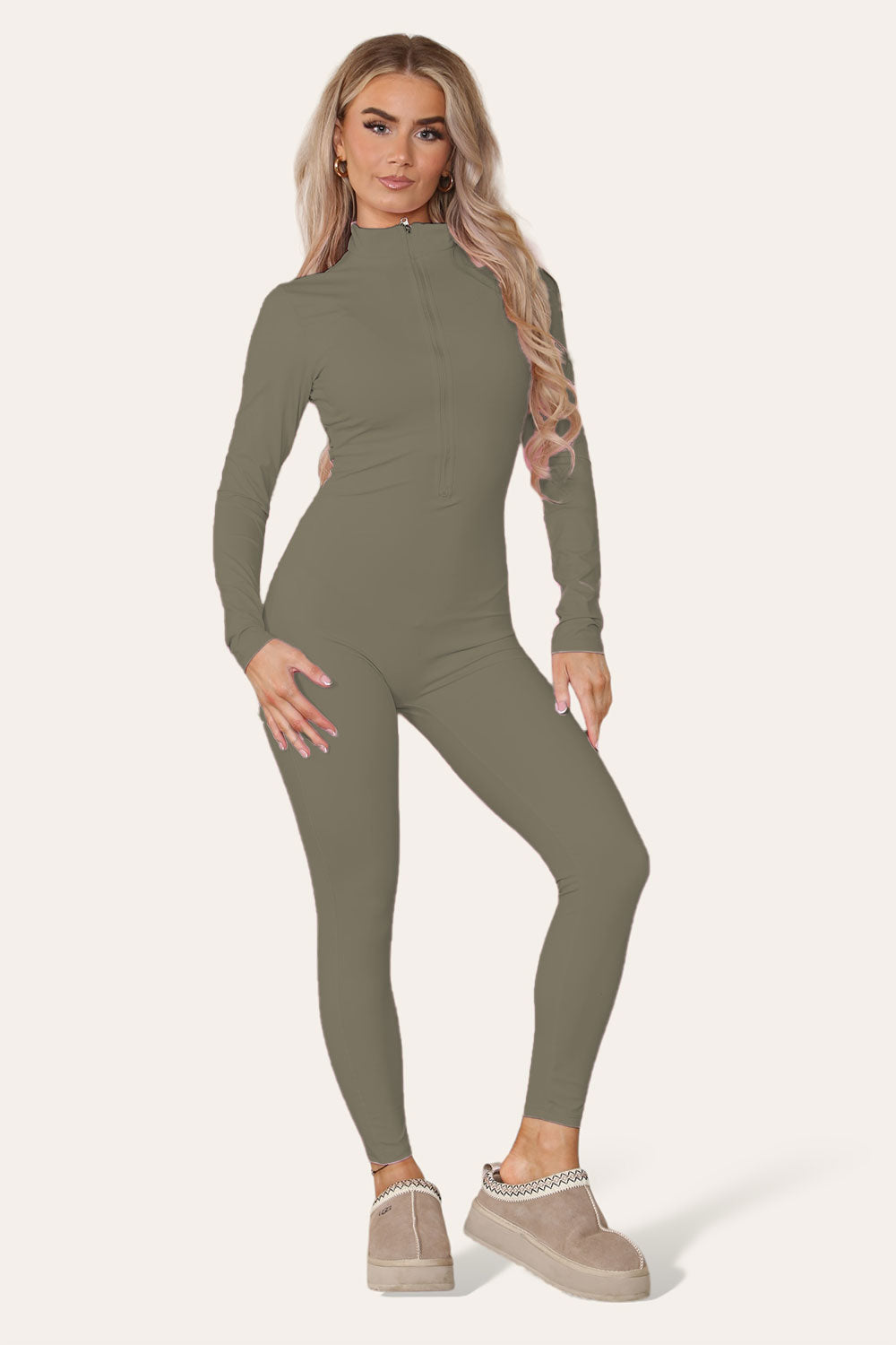 Ribbed High Neck Zipper Collar Jumpsuit Front Unitard Set 🇬🇧