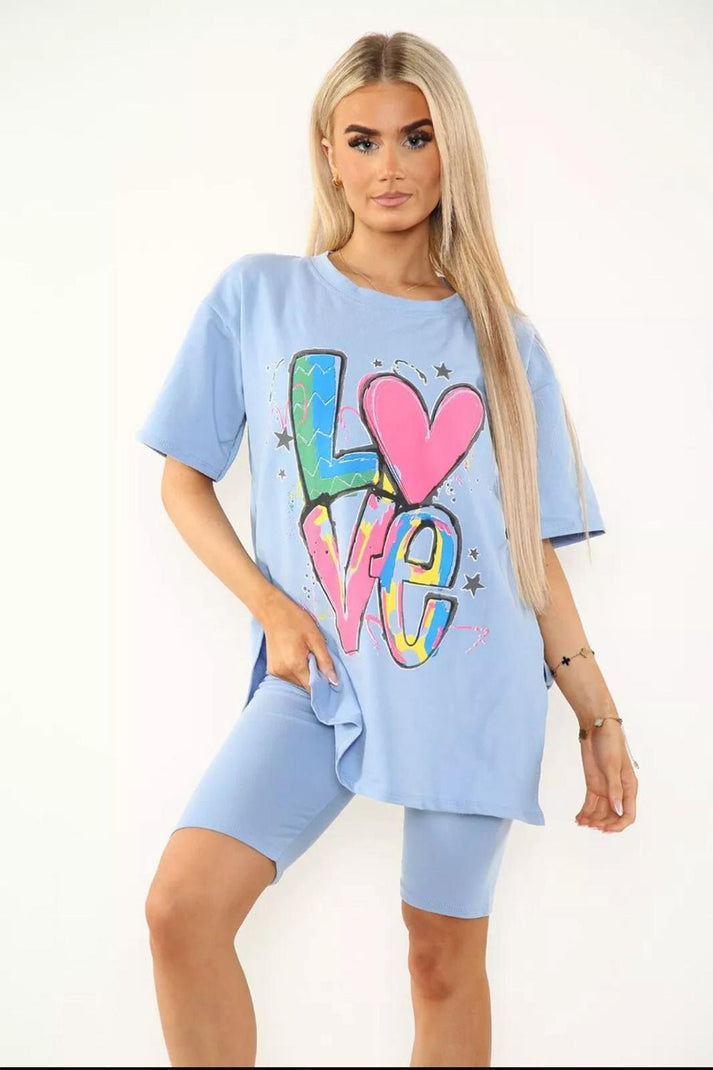 Love Side Slit Cycling Short and T-Shirts Co-Ord Two Piece Set with Front Love Slogan 🇬🇧