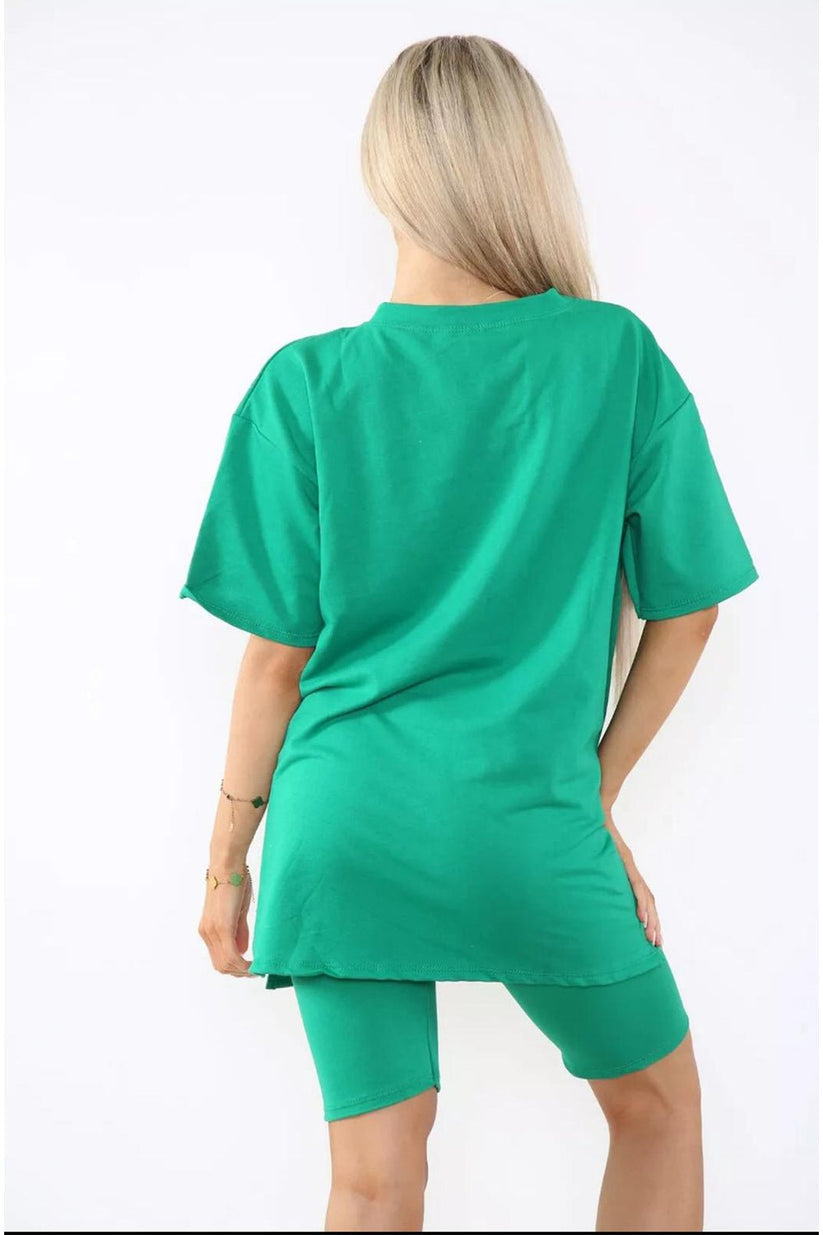 Cycling Short and T-Shirts Co-Ord Two Piece Side Slit Set with Front Printed Slogan 🇬🇧