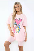 Love Side Slit Cycling Short and T-Shirts Co-Ord Two Piece Set with Front Love Slogan 🇬🇧