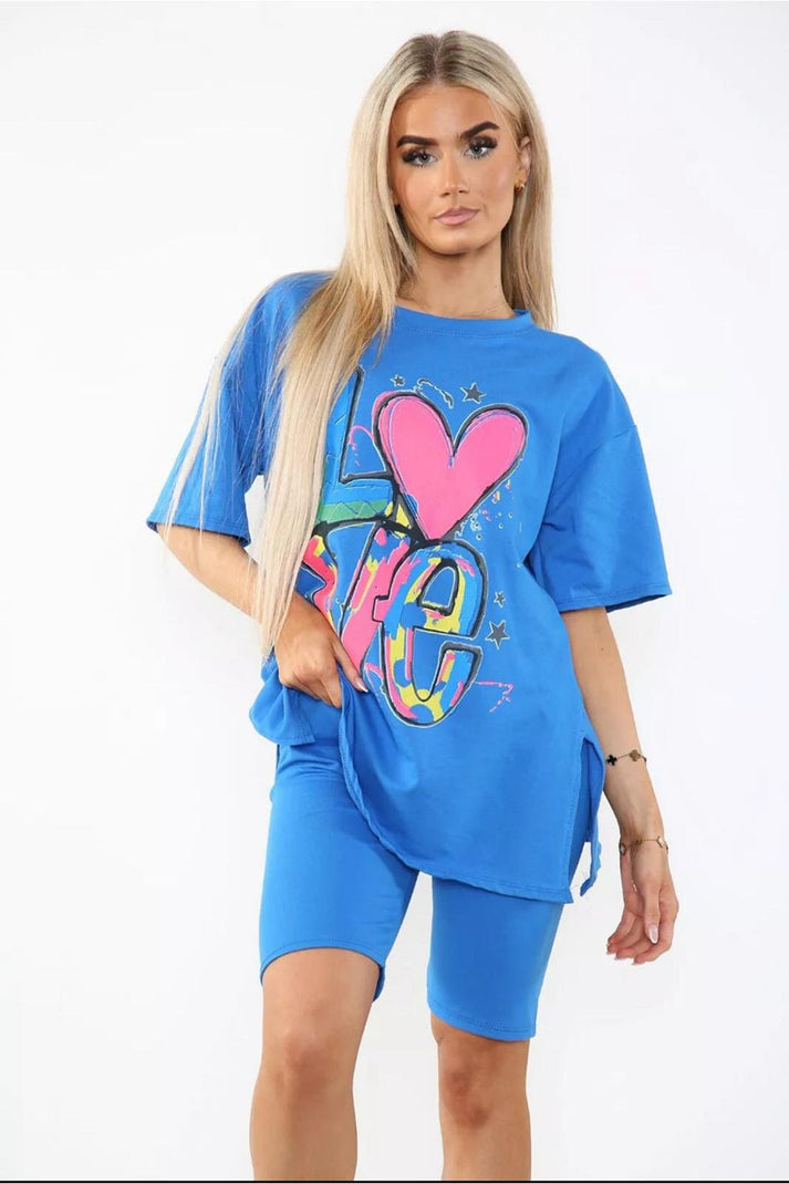 Love Side Slit Cycling Short and T-Shirts Co-Ord Two Piece Set with Front Love Slogan 🇬🇧