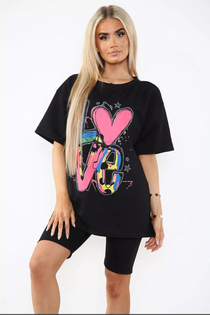 Love Side Slit Cycling Short and T-Shirts Co-Ord Two Piece Set with Front Love Slogan 🇬🇧