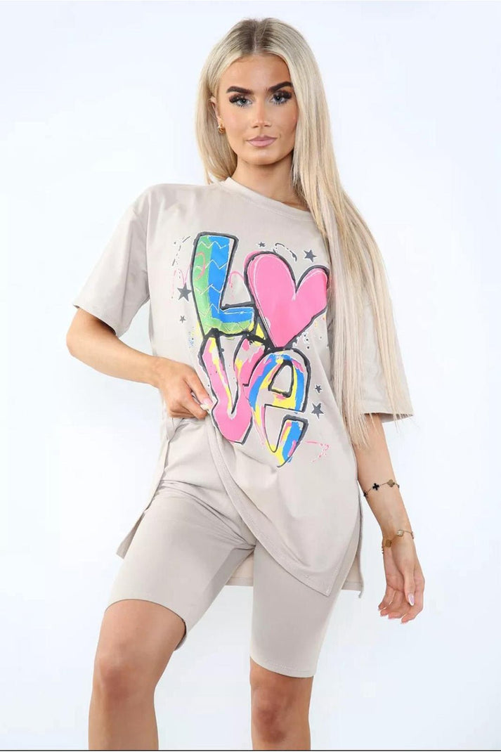Love Side Slit Cycling Short and T-Shirts Co-Ord Two Piece Set with Front Love Slogan 🇬🇧