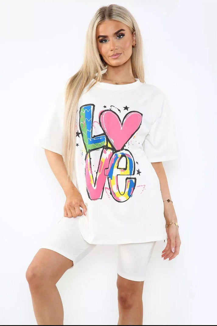 Love Side Slit Cycling Short and T-Shirts Co-Ord Two Piece Set with Front Love Slogan 🇬🇧