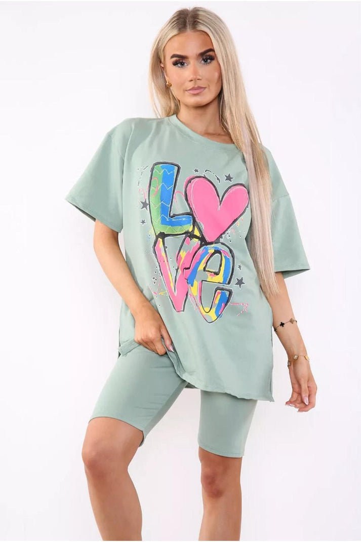 Love Side Slit Cycling Short and T-Shirts Co-Ord Two Piece Set with Front Love Slogan 🇬🇧