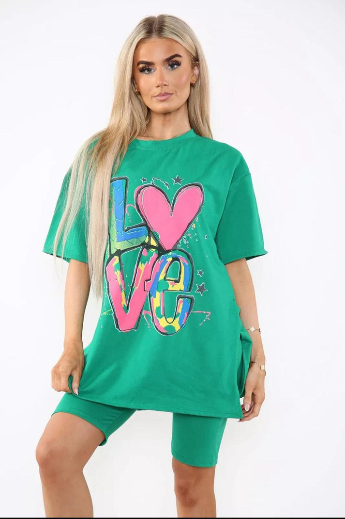 Love Side Slit Cycling Short and T-Shirts Co-Ord Two Piece Set with Front Love Slogan 🇬🇧