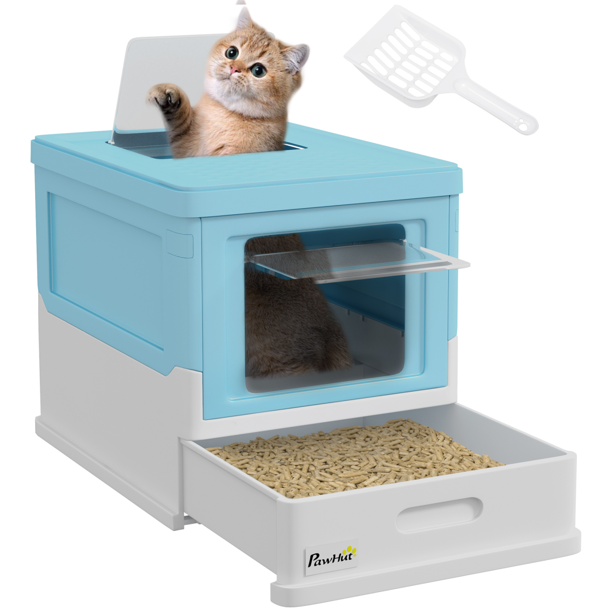 PawHut Hooded Cat Litter Box, Pet Toilet w/ Scoop, Tray - Light Blue 🇬🇧