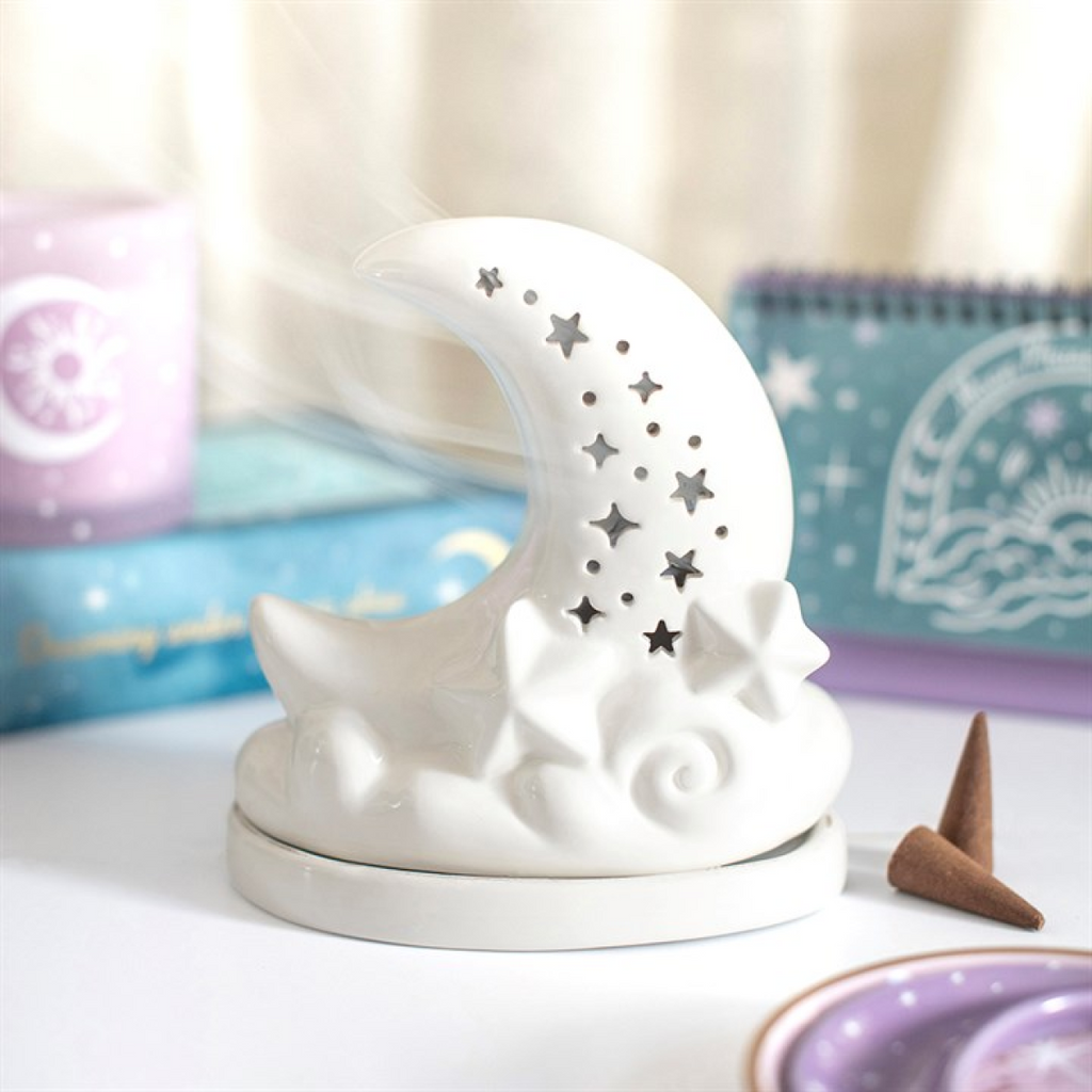 White Pastel Skies Moon Incense Cone Holder 🇬🇧