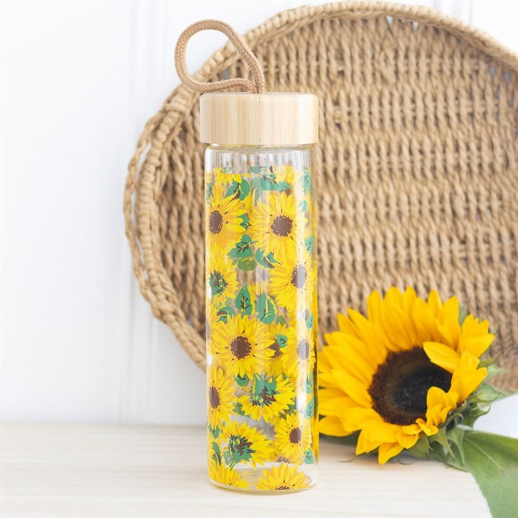 Sunflower Print Glass Water Bottle 🇬🇧