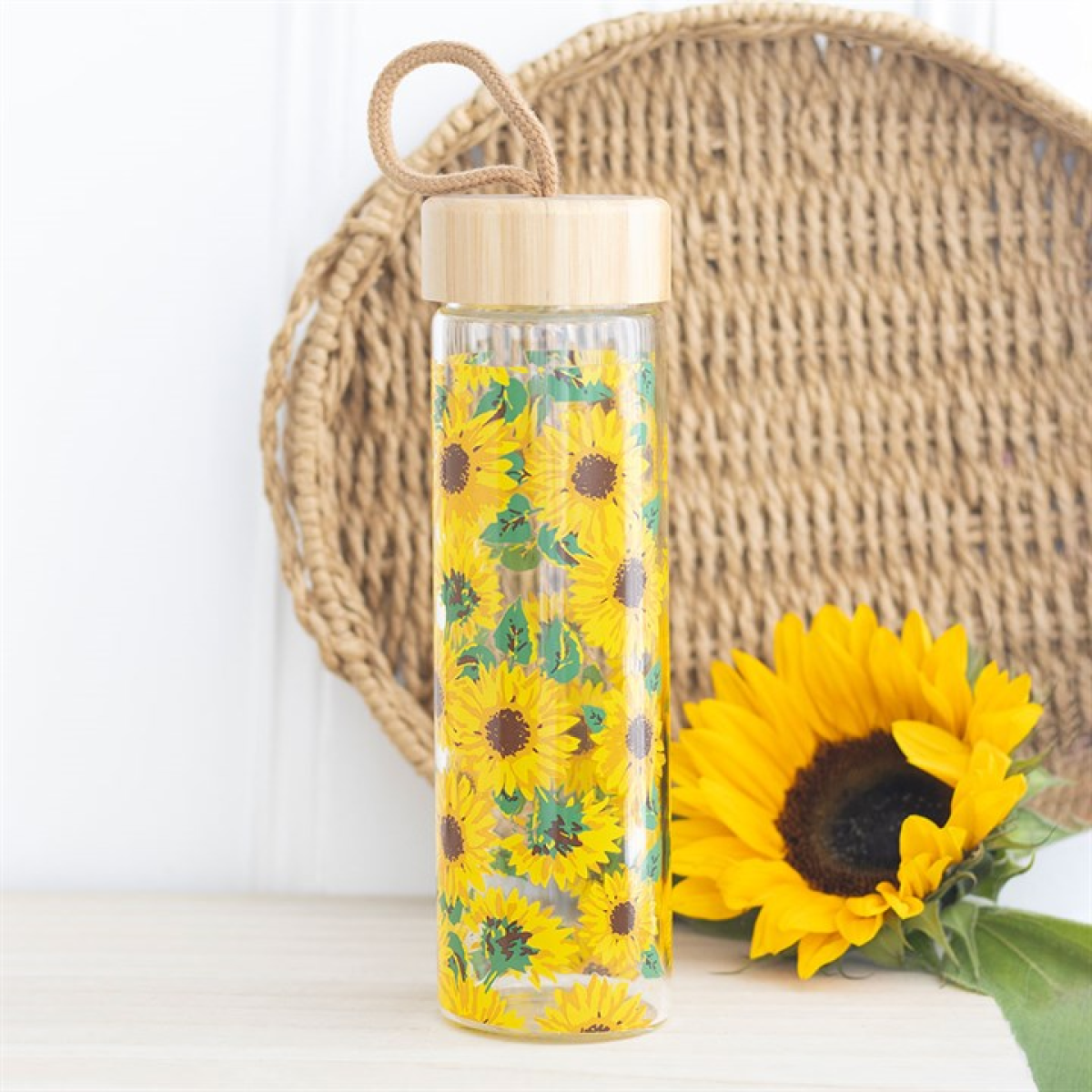 Sunflower Print Glass Water Bottle 🇬🇧