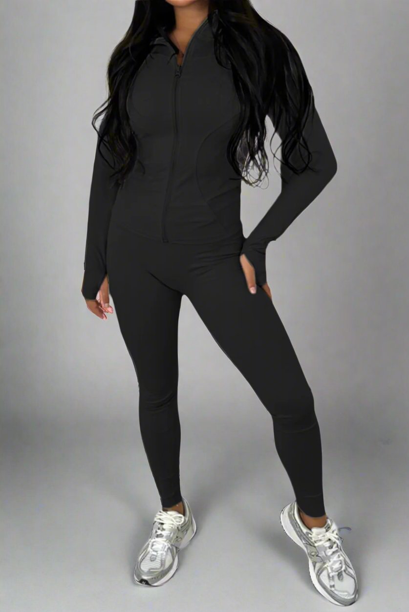 New Sports Zip Front Long Sleeves Top And Leggings Gym Set 🇬🇧