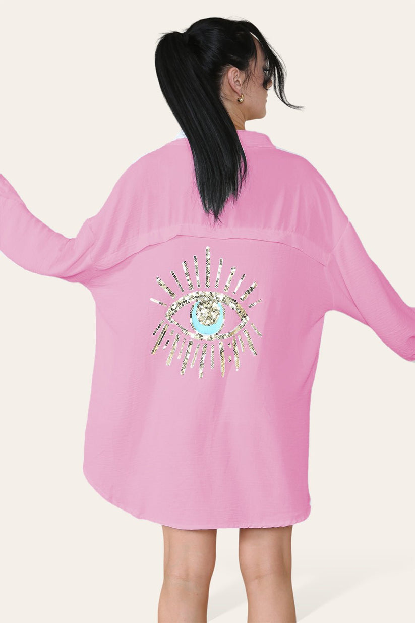 Oversized Long Sleeve Gold Sequin Eye Button Up Shirt 🇬🇧