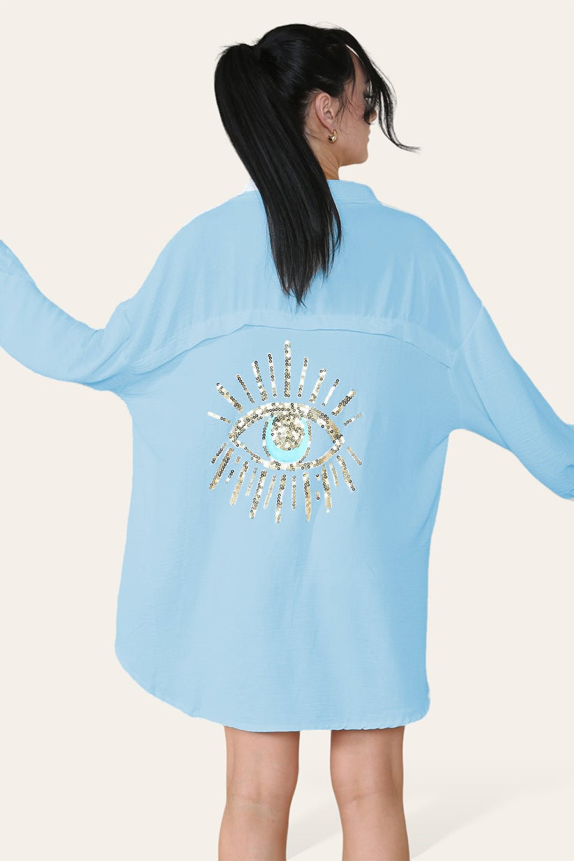 Oversized Long Sleeve Gold Sequin Eye Button Up Shirt 🇬🇧