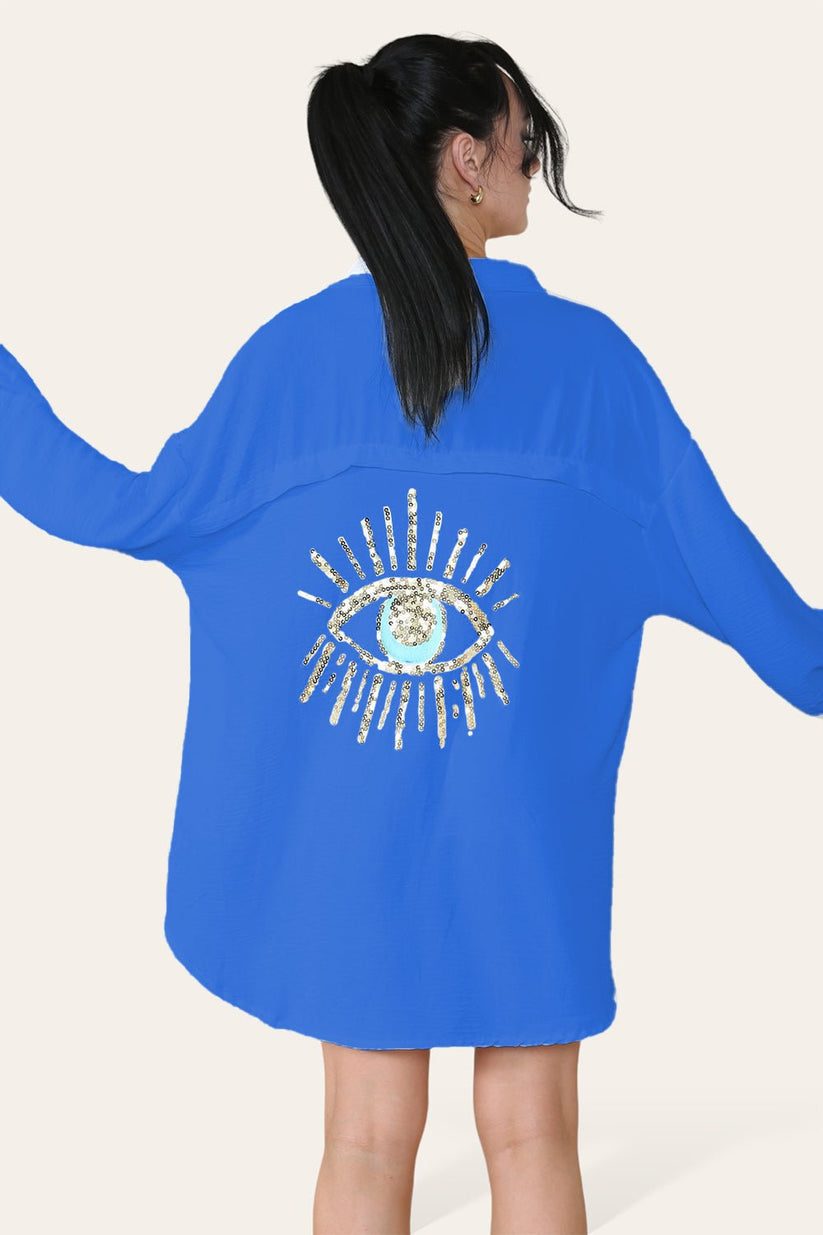 Oversized Long Sleeve Gold Sequin Eye Button Up Shirt 🇬🇧