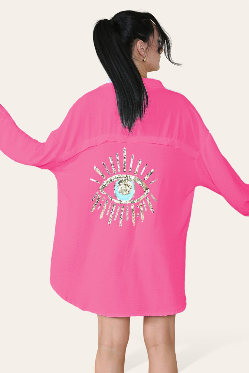 Oversized Long Sleeve Gold Sequin Eye Button Up Shirt 🇬🇧