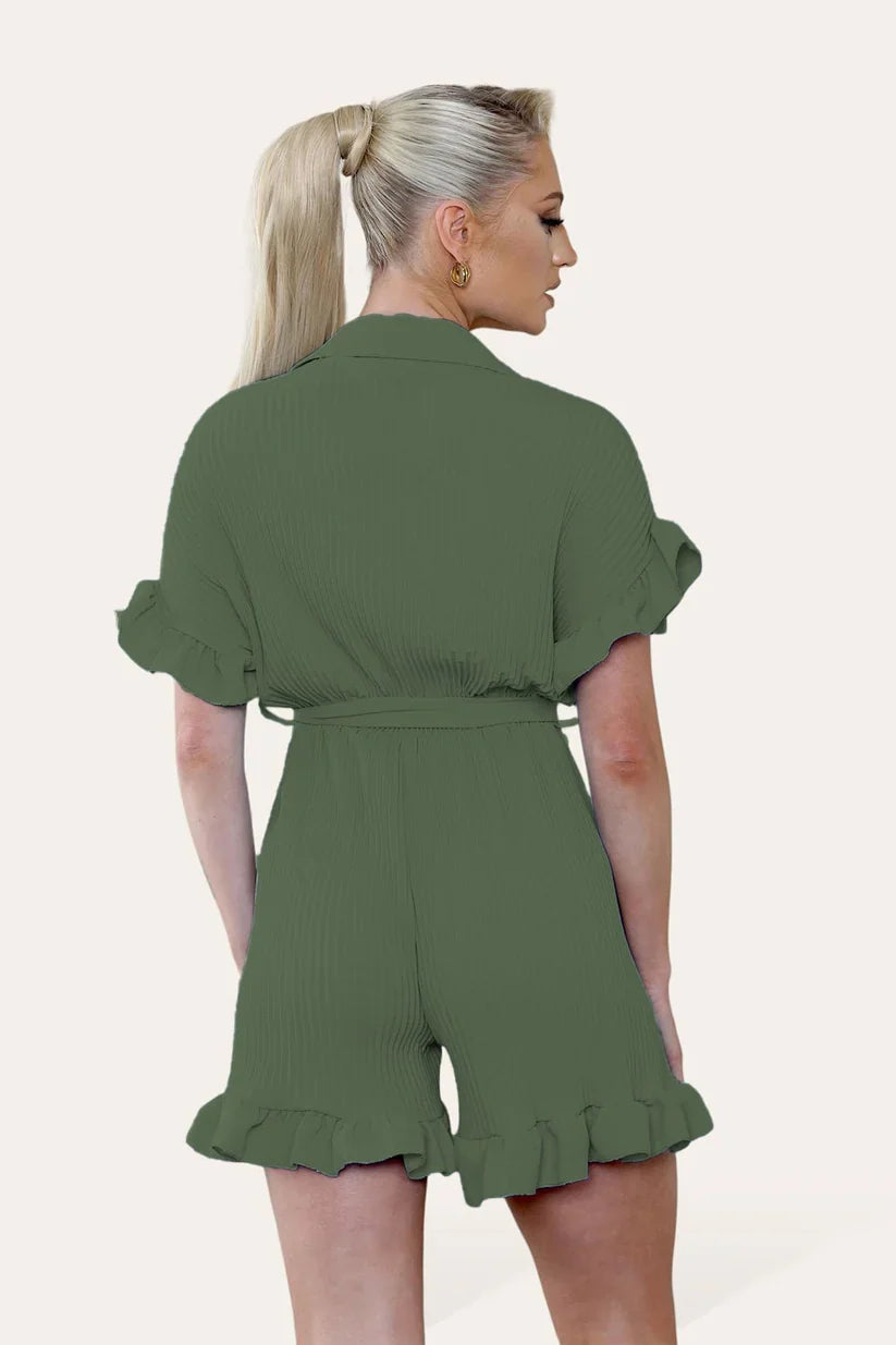 Pleated Ruffle Shirt Short Playsuit With Frill Hems 🇬🇧