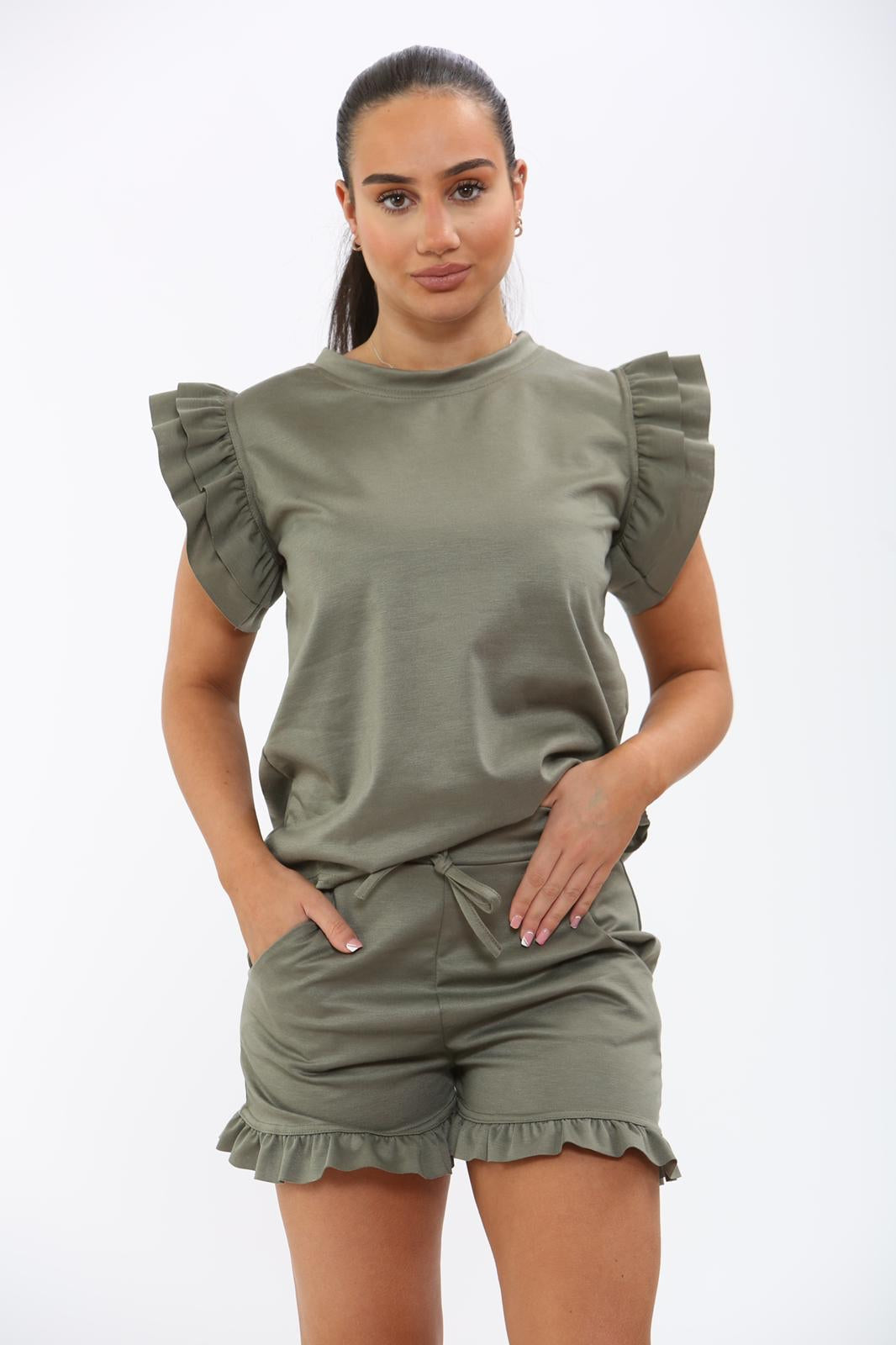 Ladies Frill Peplum Sleeve Top and Short 2 Piece Tracksuit Set 🇬🇧