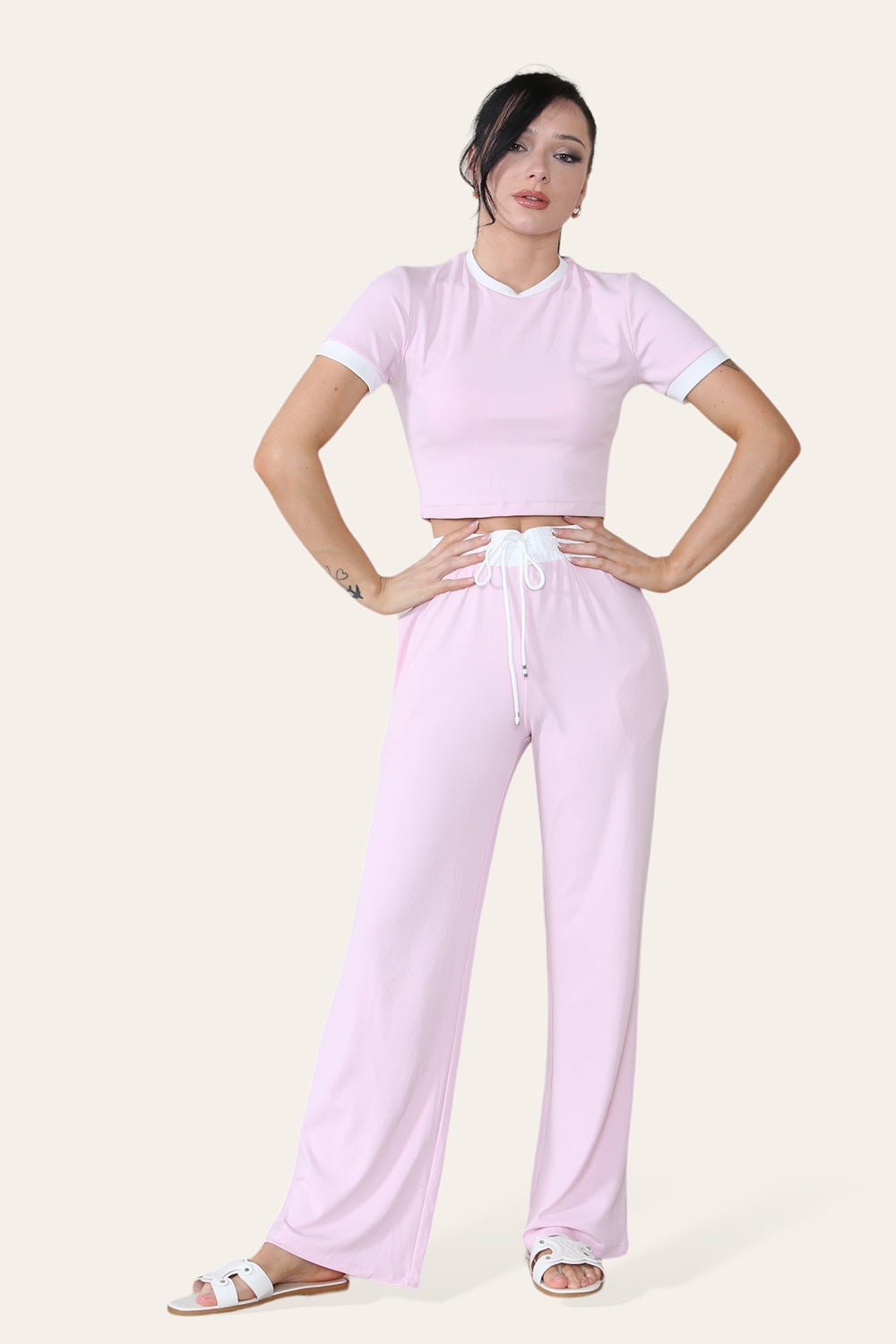 Ribbed Contrast Wide Leg Flared Trousers And Top Loungewear TRS Cropped Set 🇬🇧