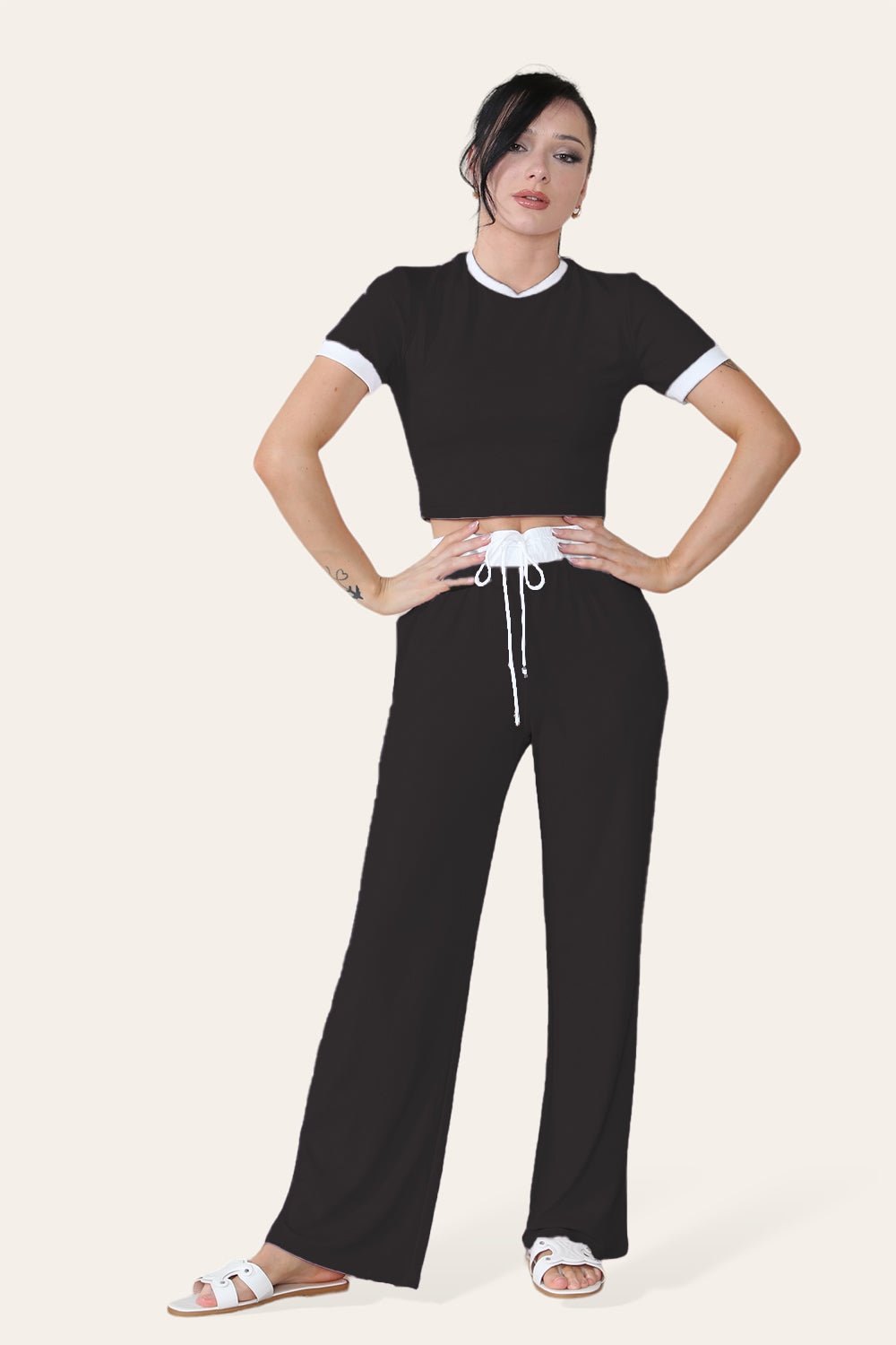 Ribbed Contrast Wide Leg Flared Trousers And Top Loungewear TRS Cropped Set 🇬🇧